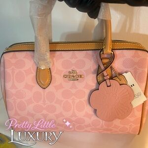 Coach Pink Signature Satchel with Tan Trim and Floral Charm
